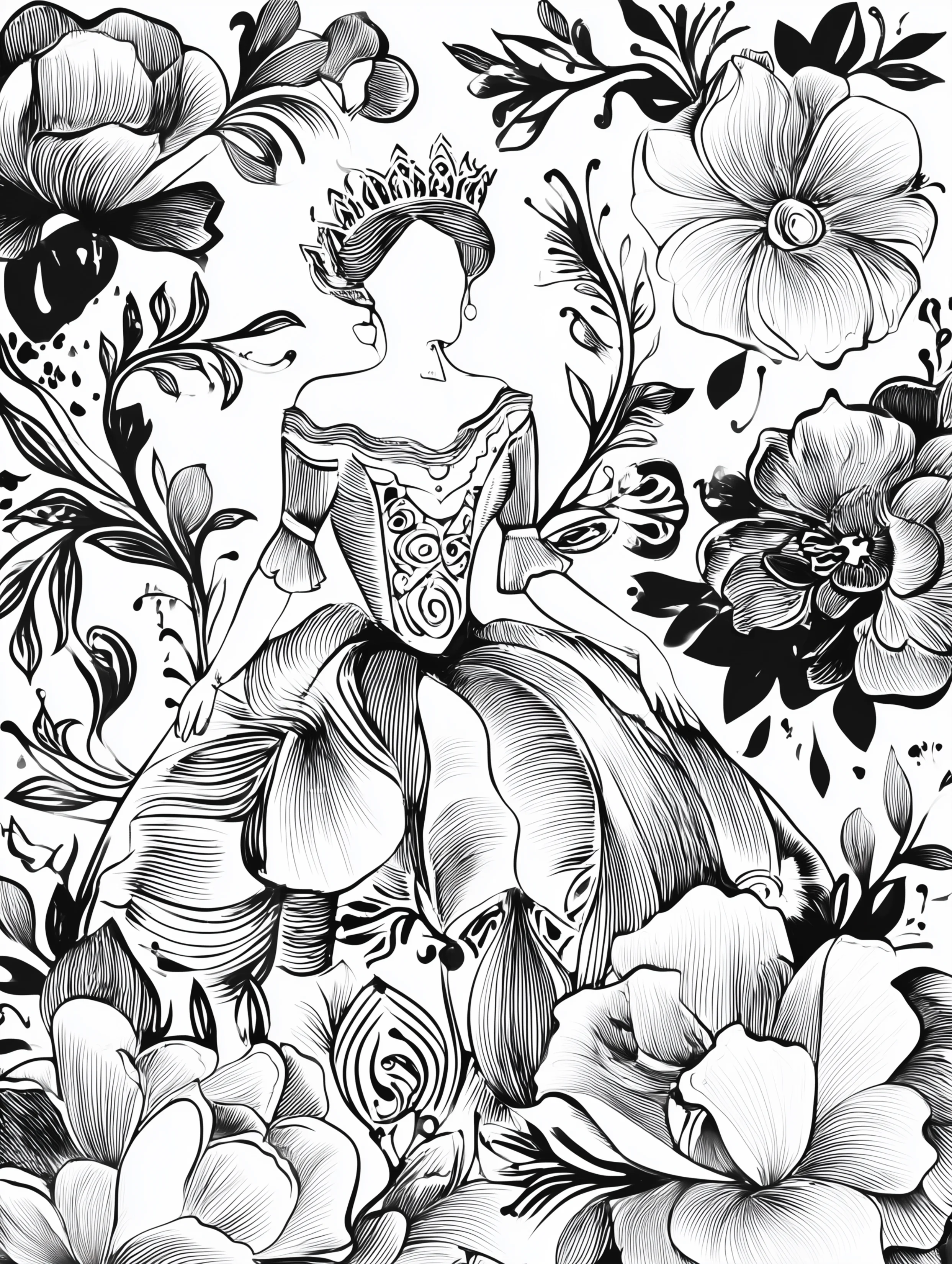 Free printable queen coloring page for adults featuring a queen walking through a flower garden
